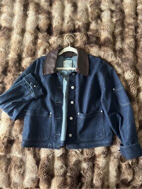 bagatelle Dark Blue Denim Jacket with Brown Leather Collar